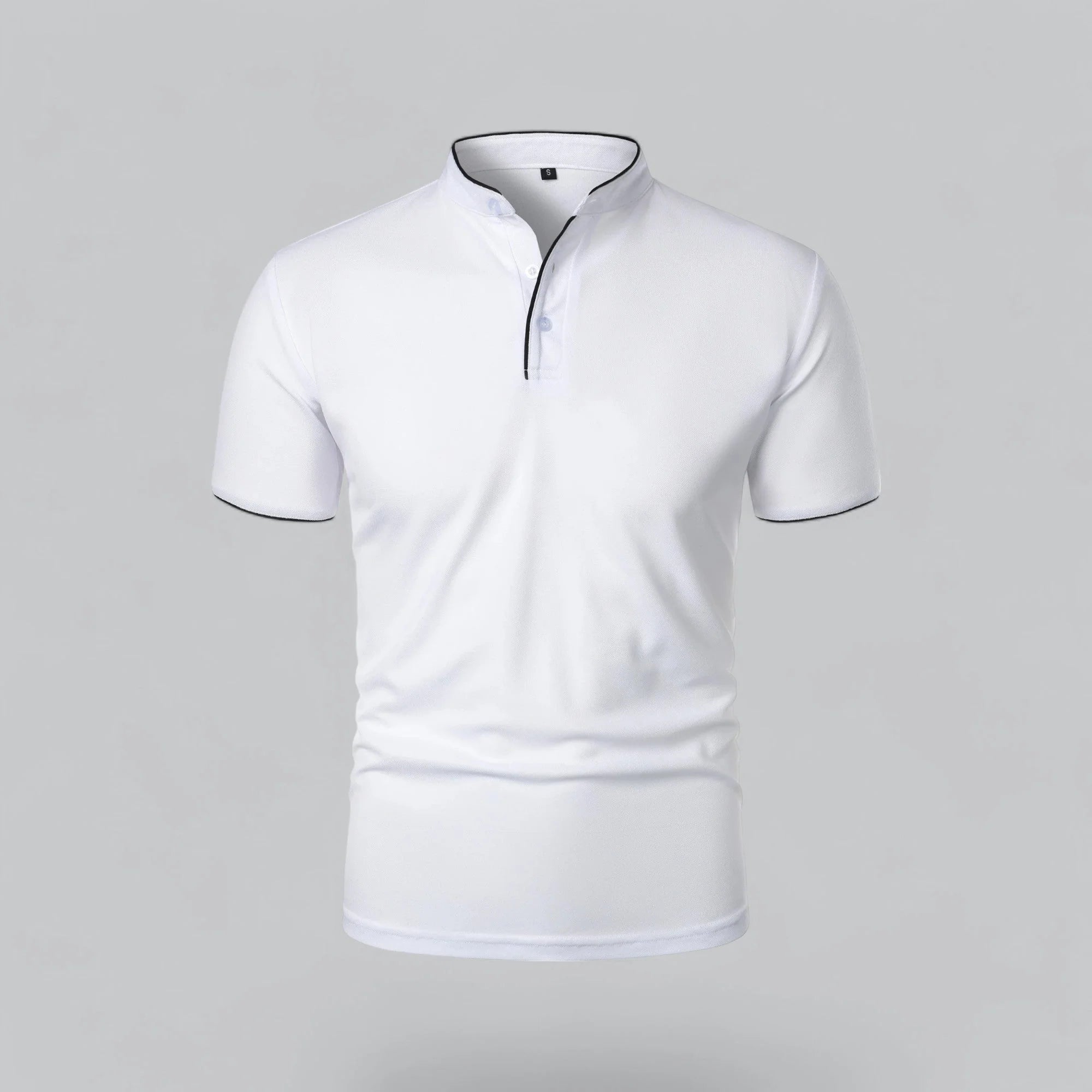 Front detail of men's polo shirt button placket and collarless neckline design
