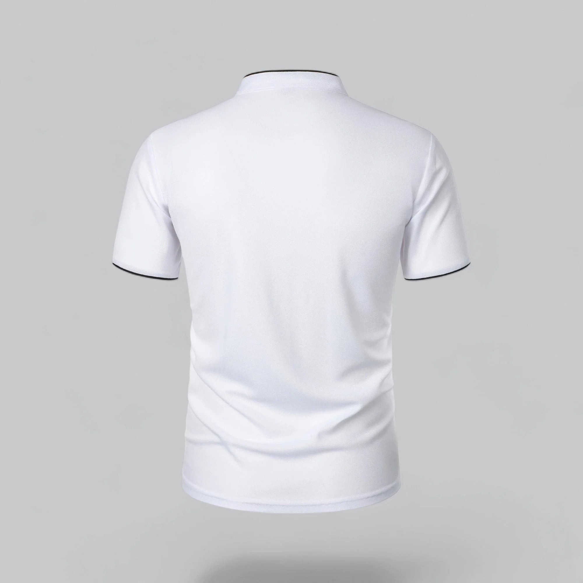 Men's tailored polo in white colourway showing crisp, clean aesthetic