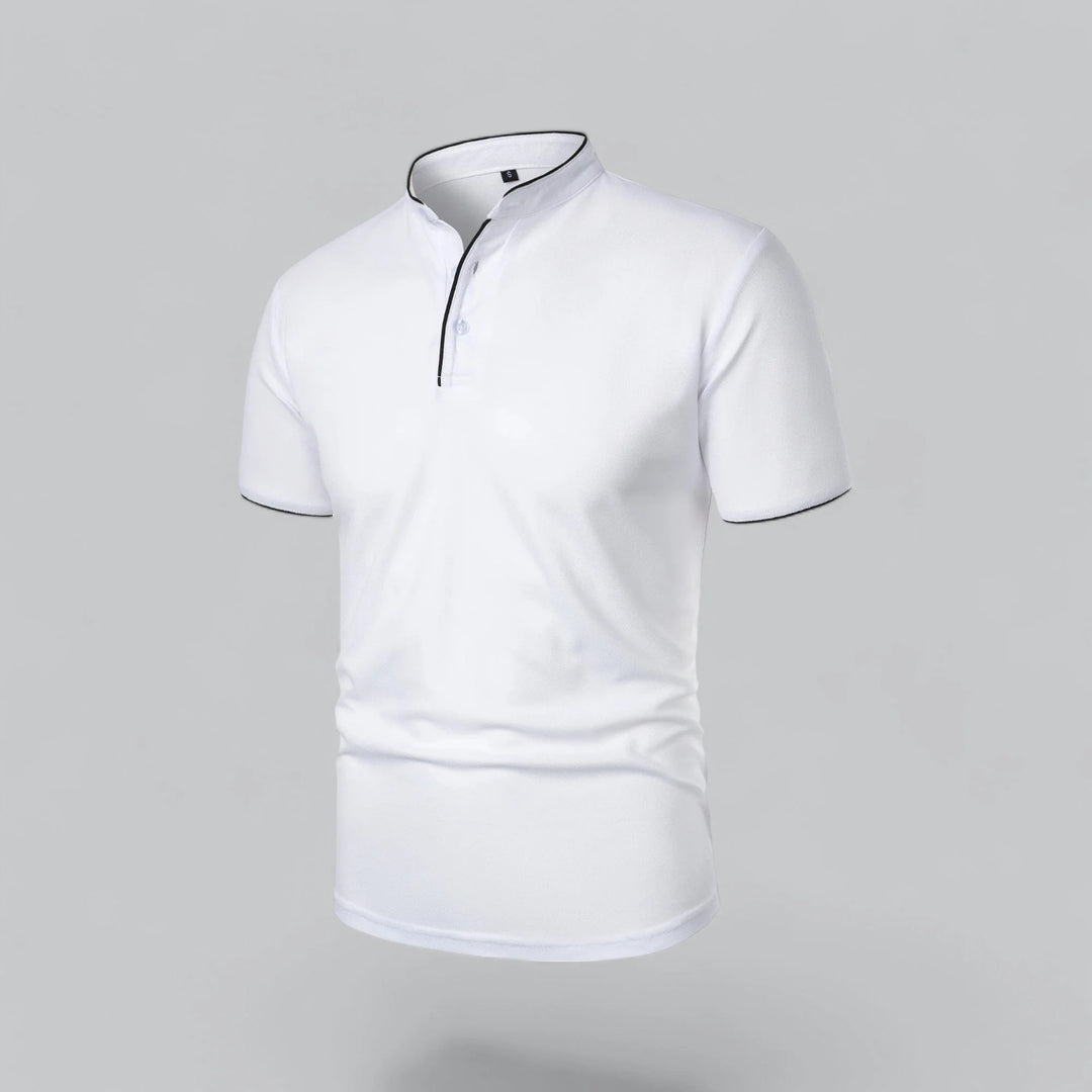 Side view of men's collarless polo shirt highlighting structured fit and sleeve detail
