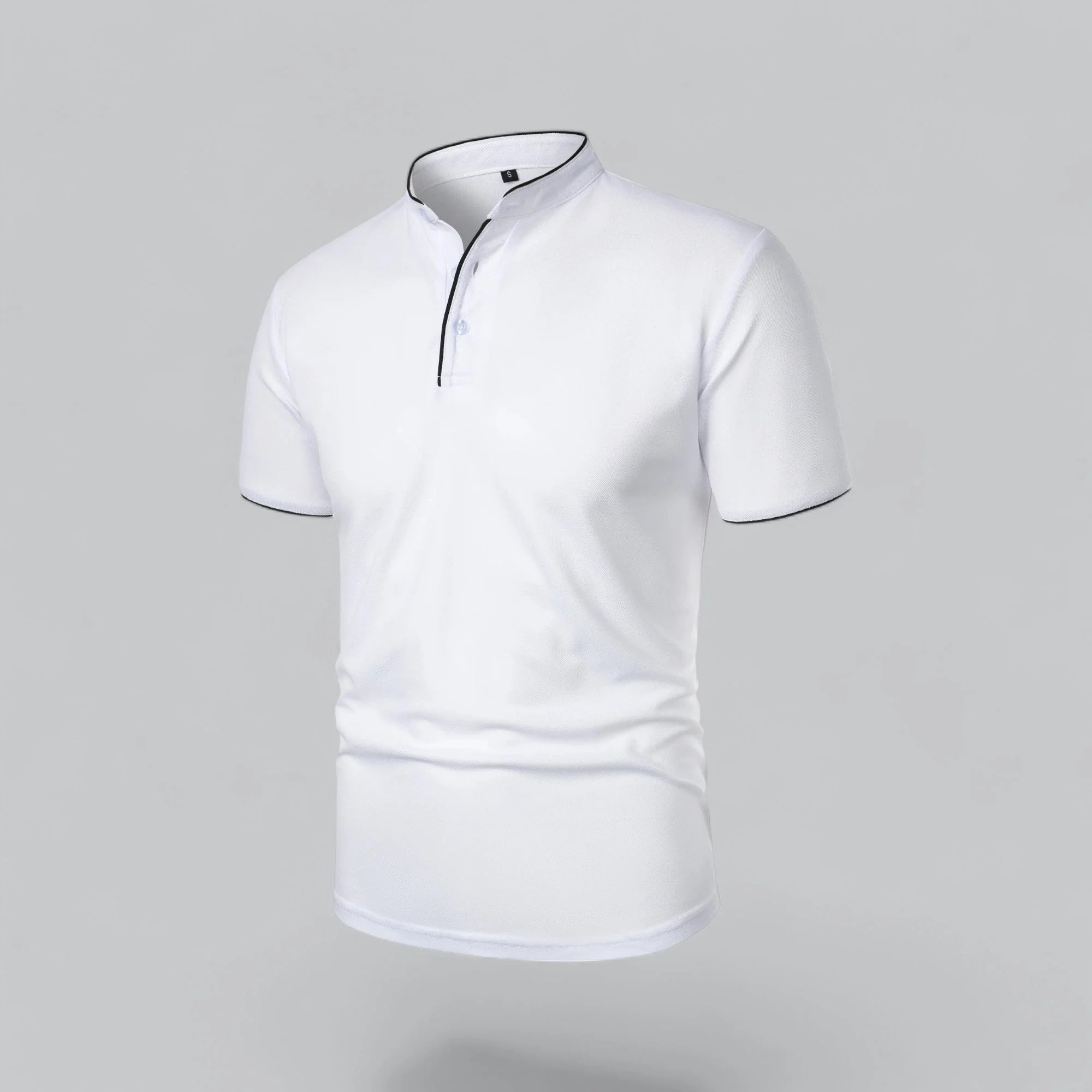 Side view of men's collarless polo shirt highlighting structured fit and sleeve detail
