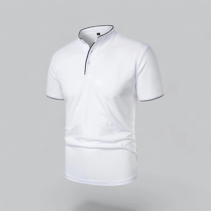 Side view of men's collarless polo shirt highlighting structured fit and sleeve detail