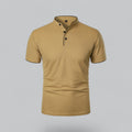 Close-up view of men's collarless polo showing button placket and structured collar band detail