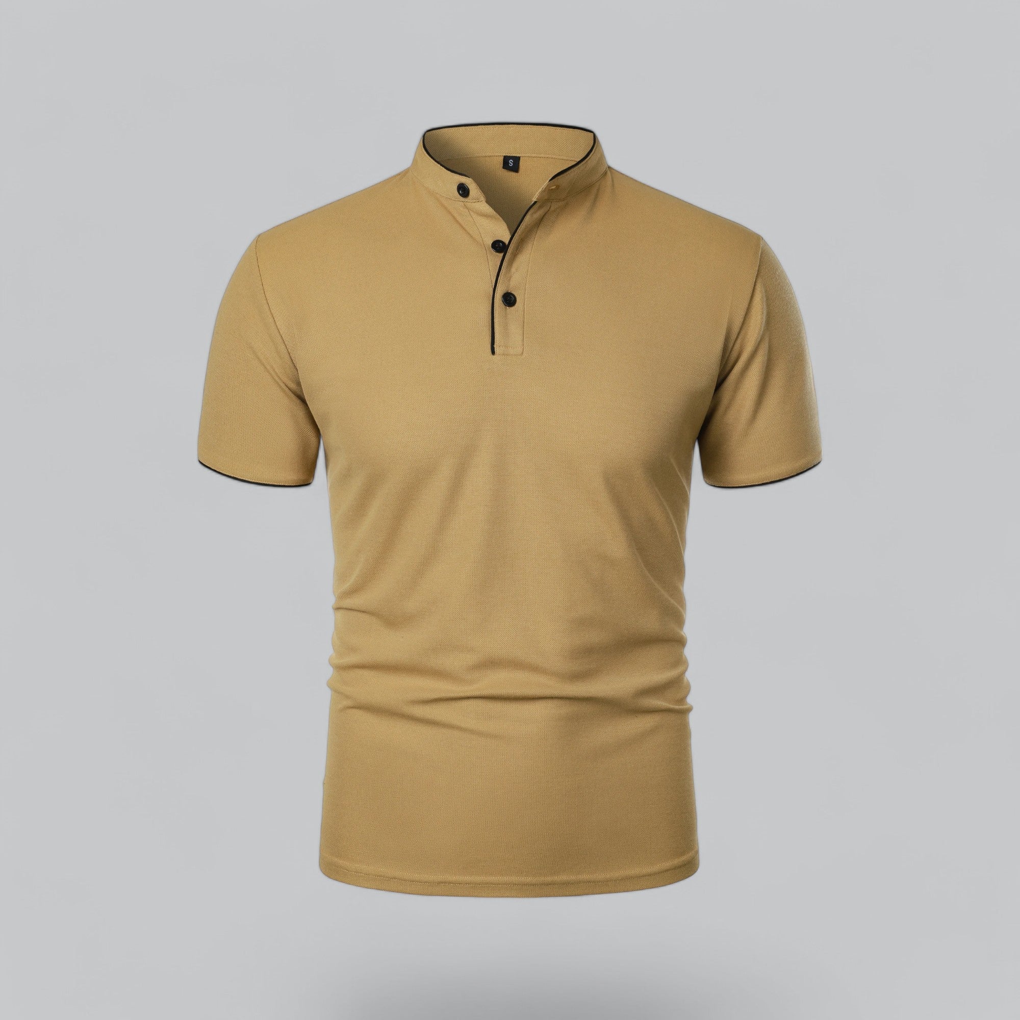 Close-up view of men's collarless polo showing button placket and structured collar band detail