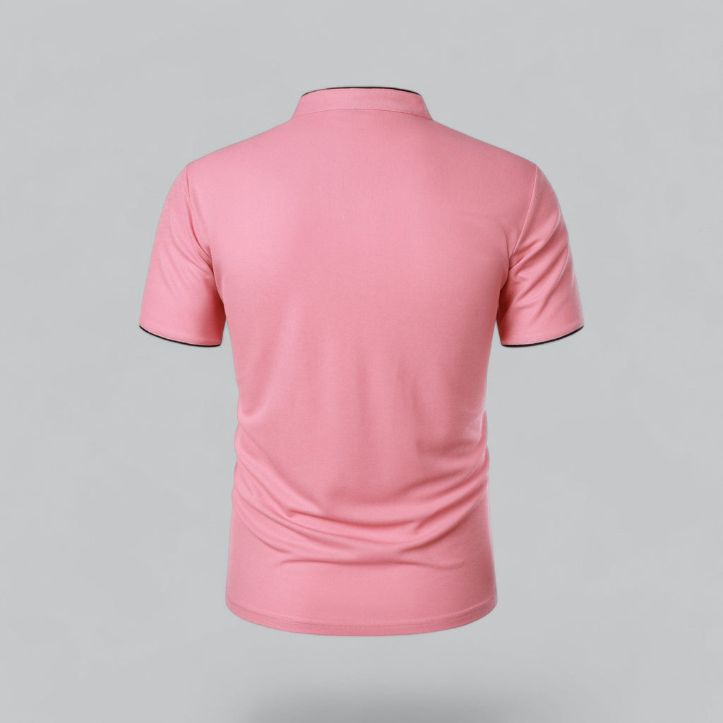 Detail shot of men's polo shirt showing lightweight fabric and contrast tipping