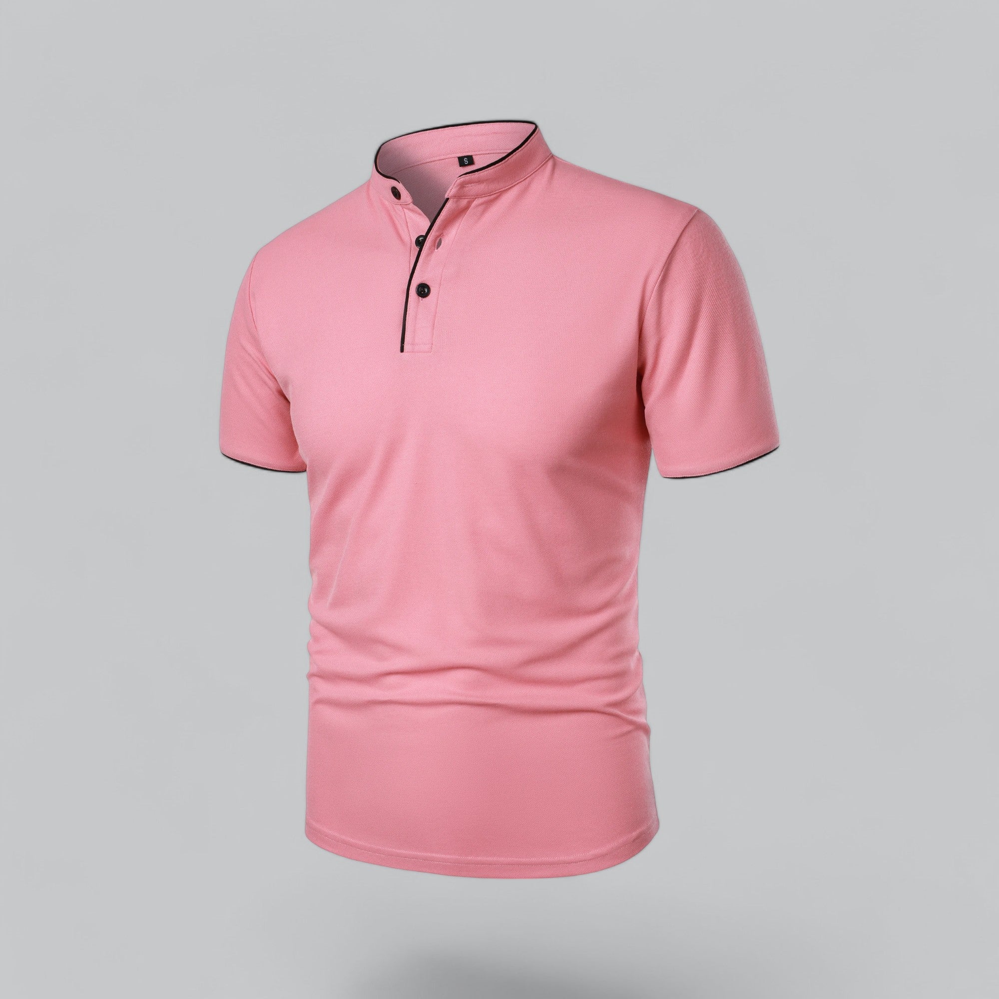 Men's collarless polo in green worn with white trousers for relaxed look