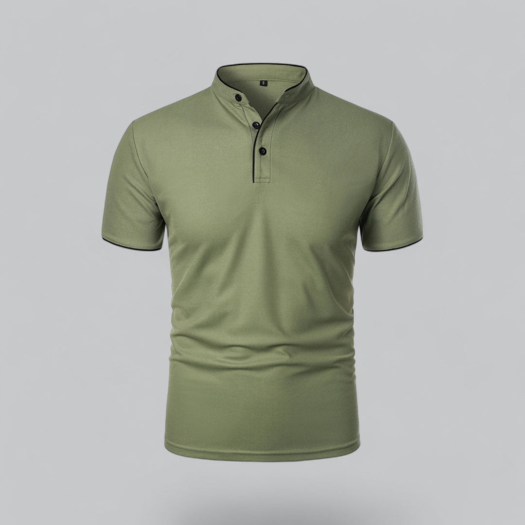 Close-up of men's polo shirt construction showing button placket and collar band