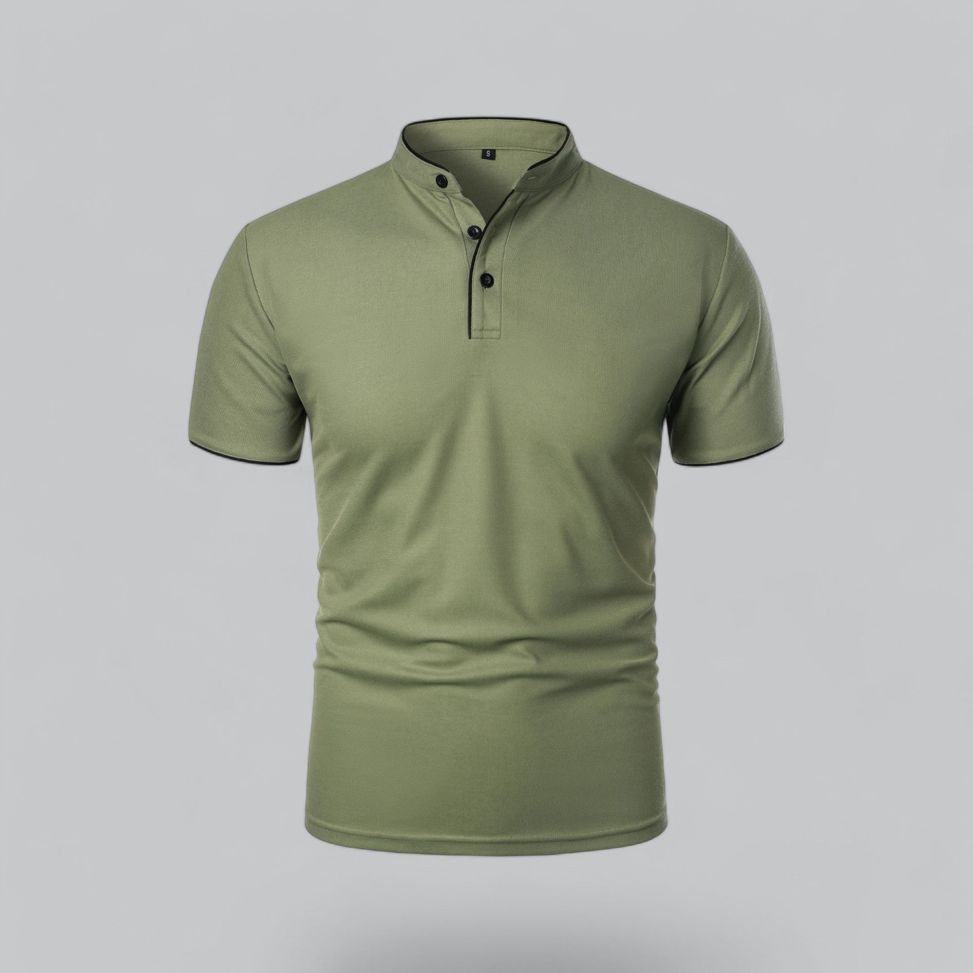 Close-up of men's polo shirt construction showing button placket and collar band