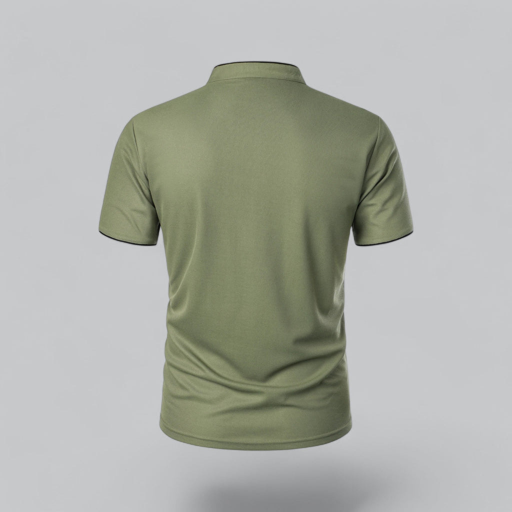 Men's tailored collarless polo in red colourway for bold casual styling