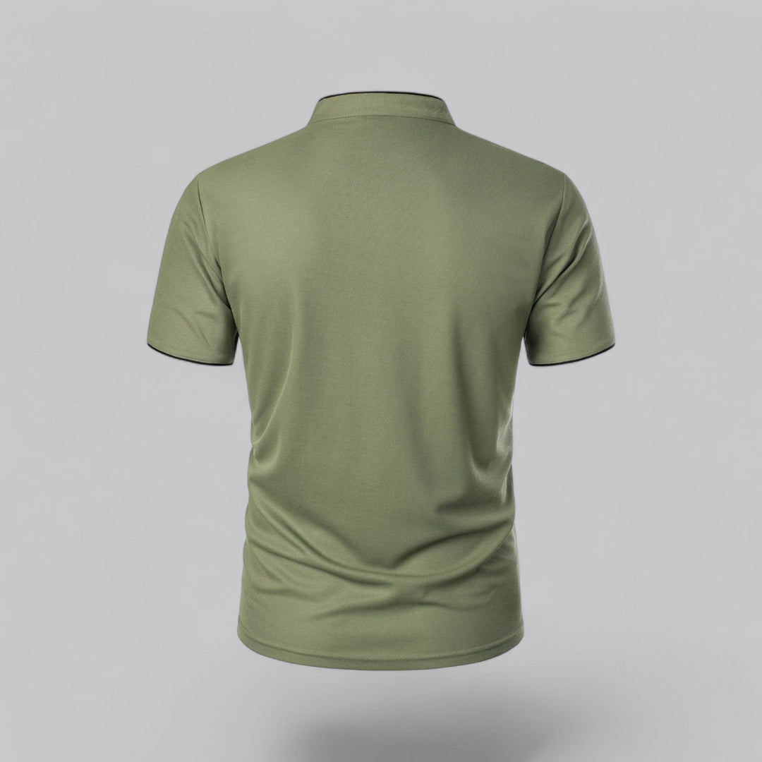 Men's tailored collarless polo in red colourway for bold casual styling