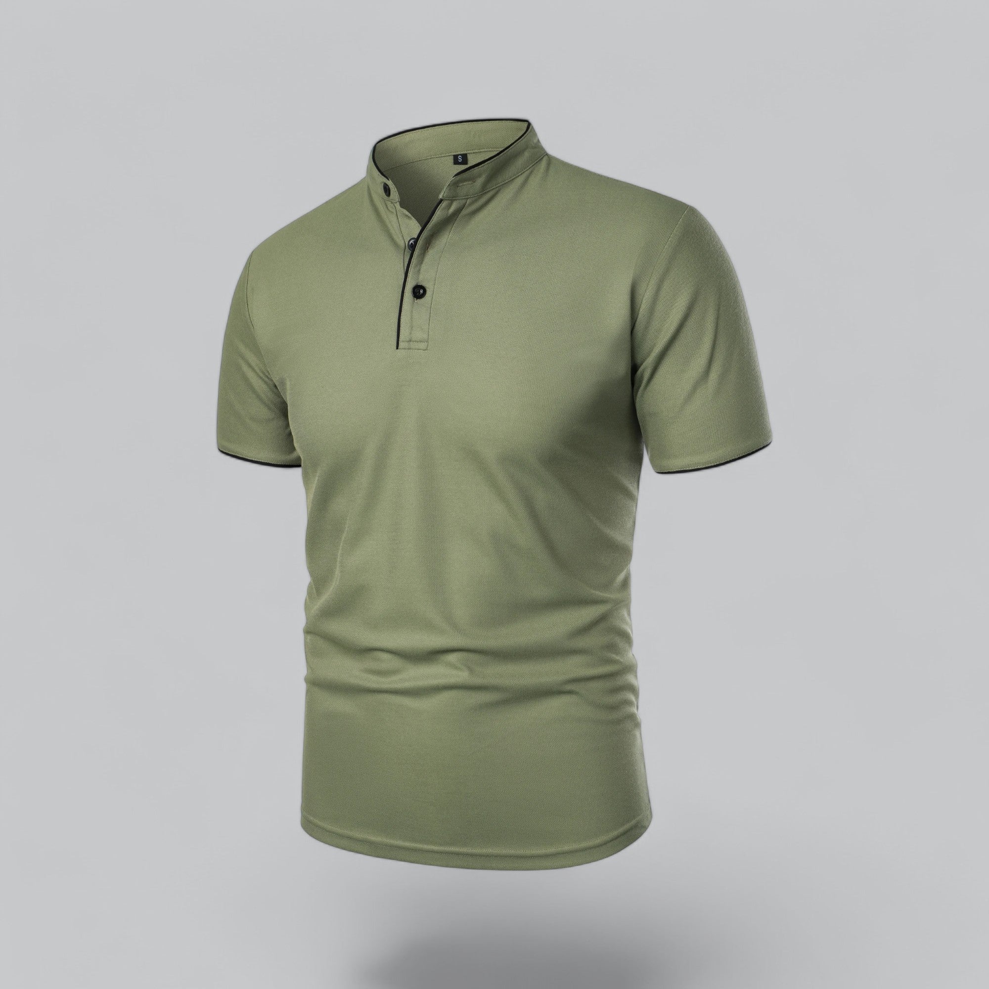 Rear view of men's short sleeve polo shirt showing clean, structured silhouette