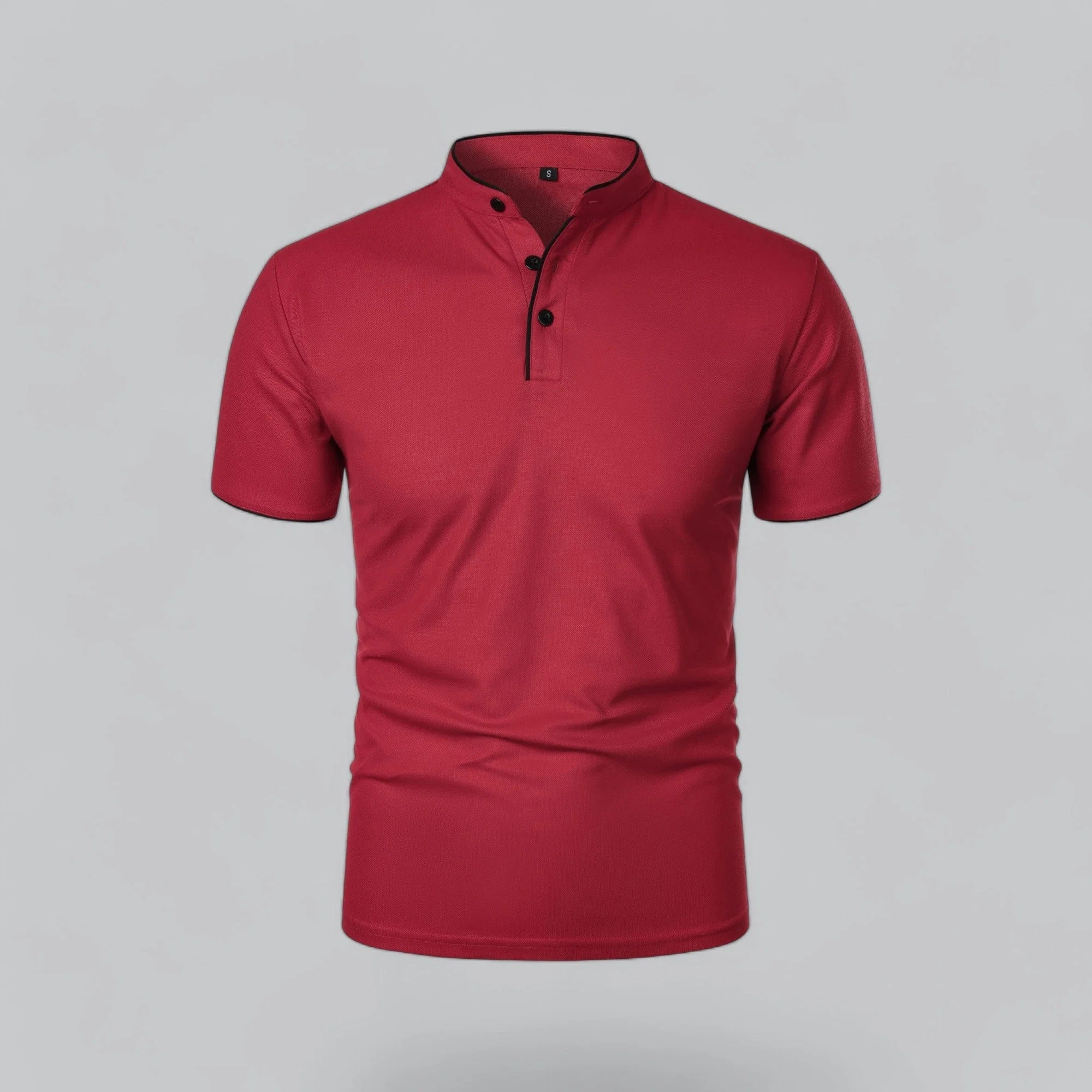Men's collarless polo shirt detail highlighting smooth fabric finish and tailored cut