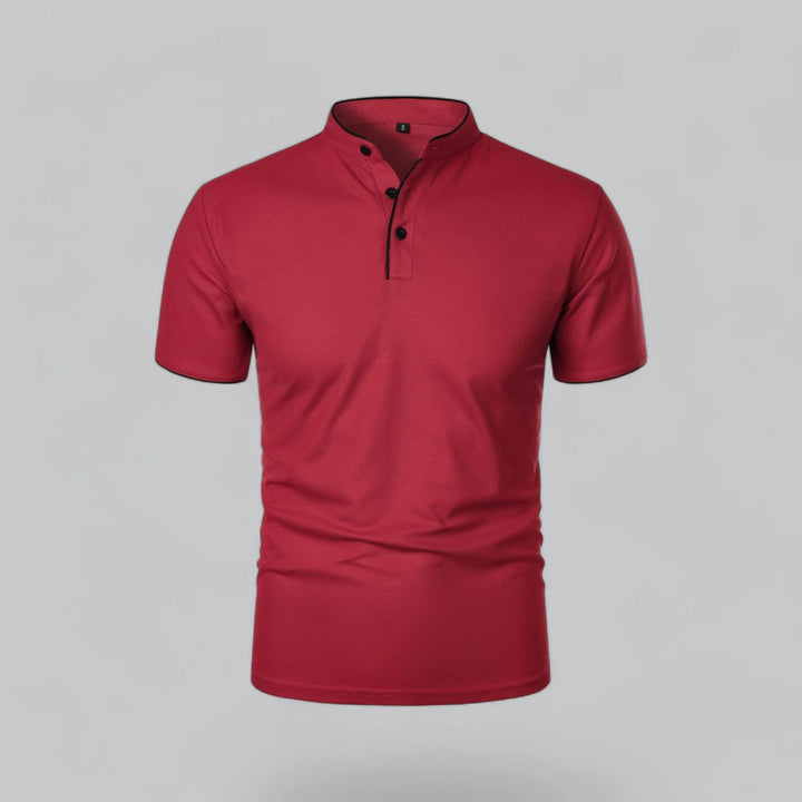 Men's collarless polo shirt detail highlighting smooth fabric finish and tailored cut