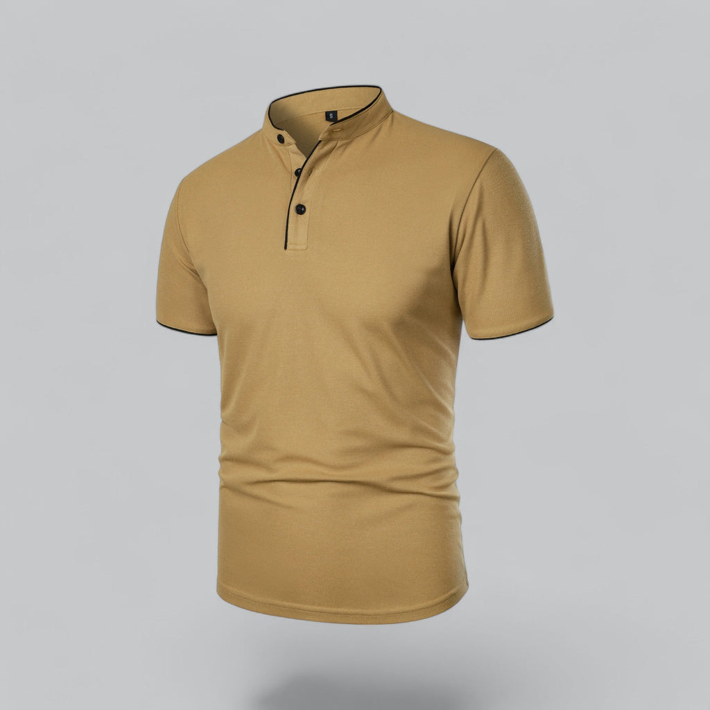 Men's collarless polo shirt paired with white trousers for smart-casual styling inspiration