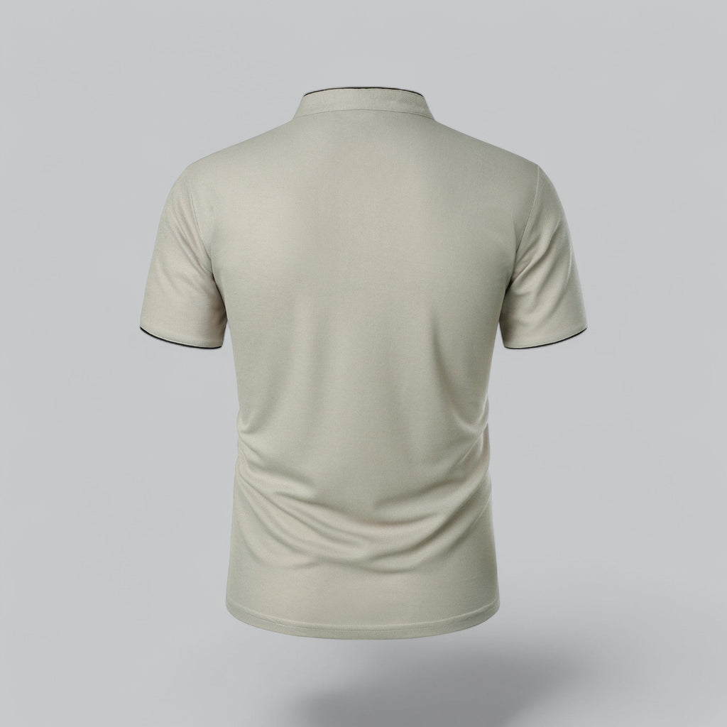 Men's collarless polo in cream shown from rear angle highlighting tailored fit