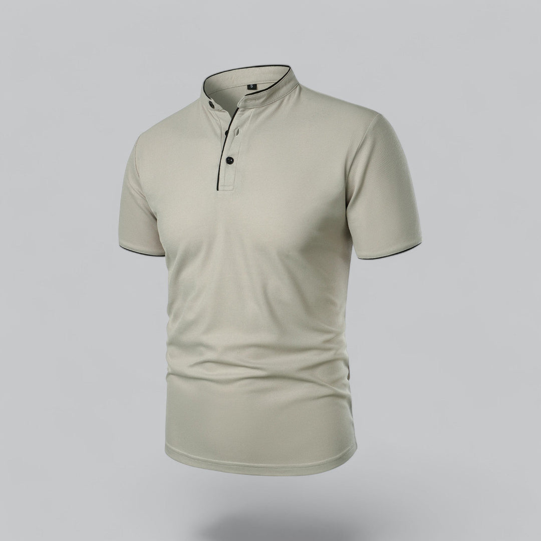 Front view of men's short sleeve collarless polo shirt with button placket closure