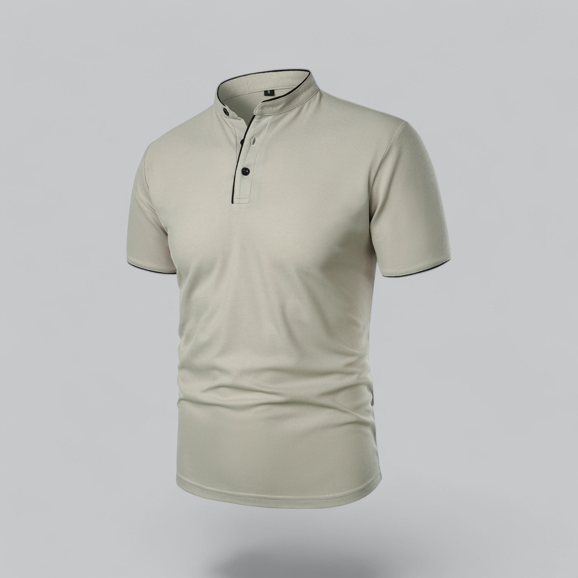 Front view of men's short sleeve collarless polo shirt with button placket closure