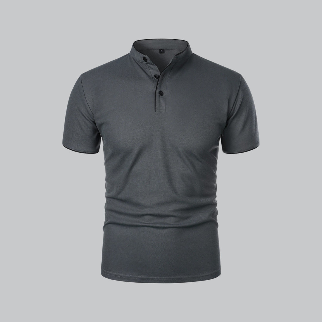 Men's collarless polo shirt styled with chinos for versatile daytime wear