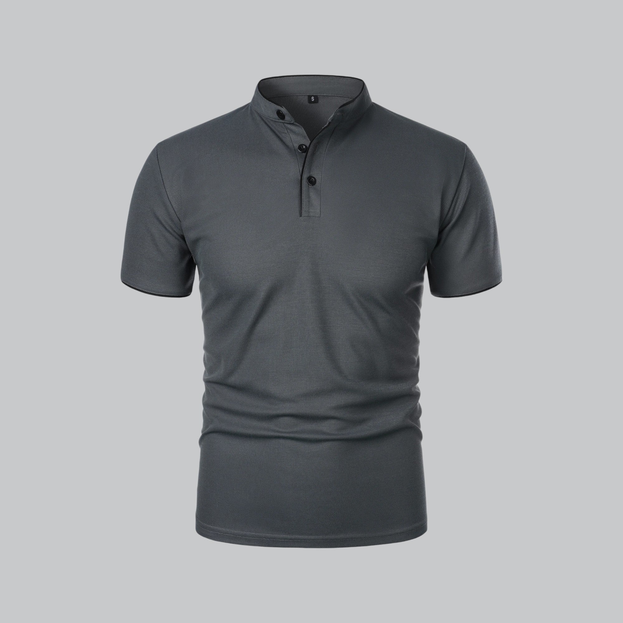 Men's collarless polo shirt styled with chinos for versatile daytime wear