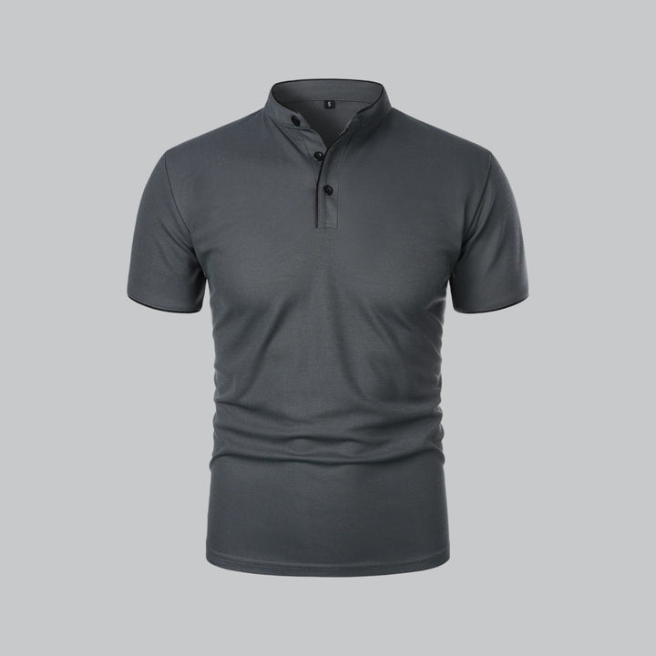 Men's collarless polo shirt styled with chinos for versatile daytime wear