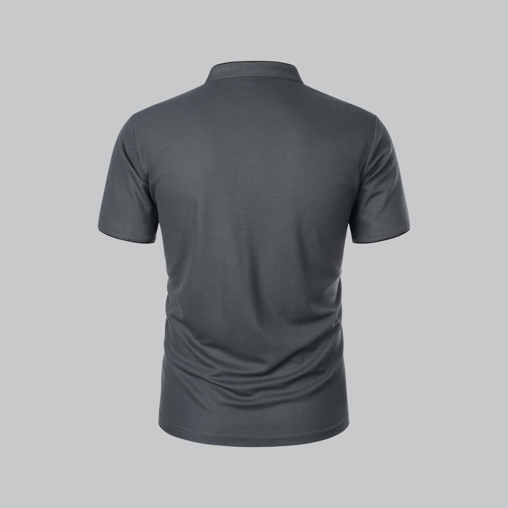 Close-up of men's polo shirt fabric showing smooth finish and structured drape