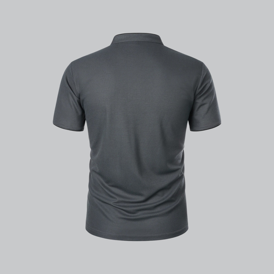 Close-up of men's polo shirt fabric showing smooth finish and structured drape