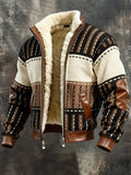 Men's sherpa-lined bomber jacket with bold geometric pattern, ribbed knit panels, and plush fleece lining displayed on grey background