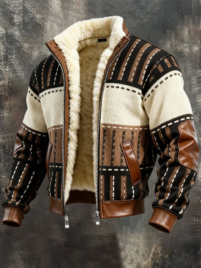 Men's sherpa-lined bomber jacket with bold geometric pattern, ribbed knit panels, and plush fleece lining displayed on grey background