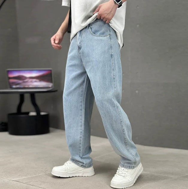 Side view of men's straight leg jeans showing relaxed silhouette and clean straight leg cut to ankle
