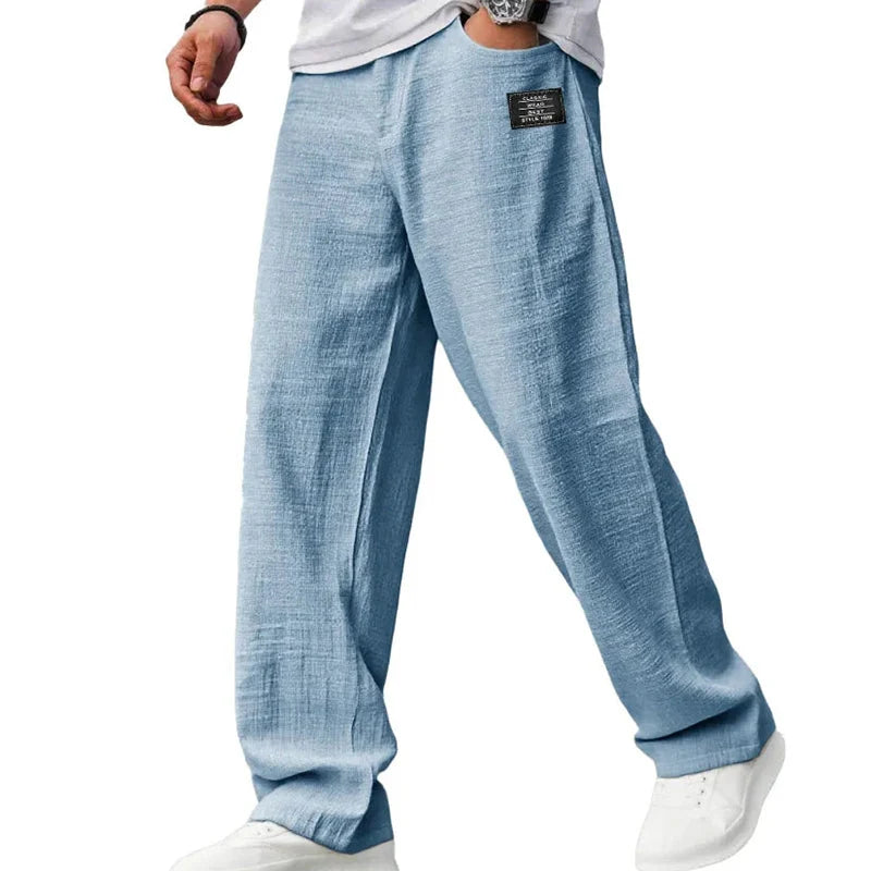 Men's wide-leg straight trousers showing relaxed fit and breathable ribbed fabric construction