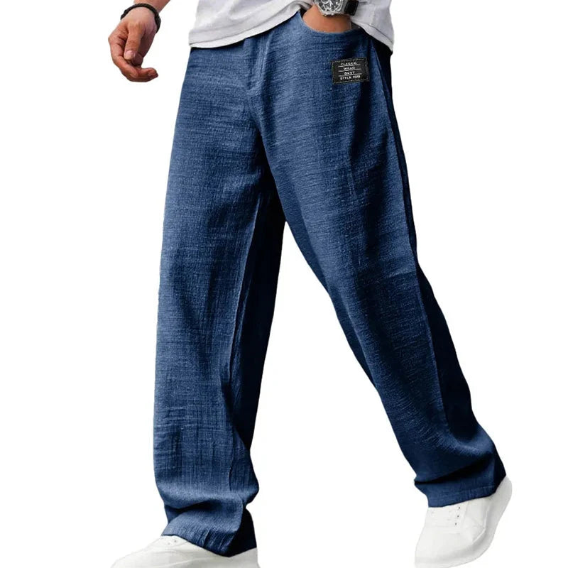 Rear view of men's straight leg trousers highlighting clean lines and relaxed silhouette