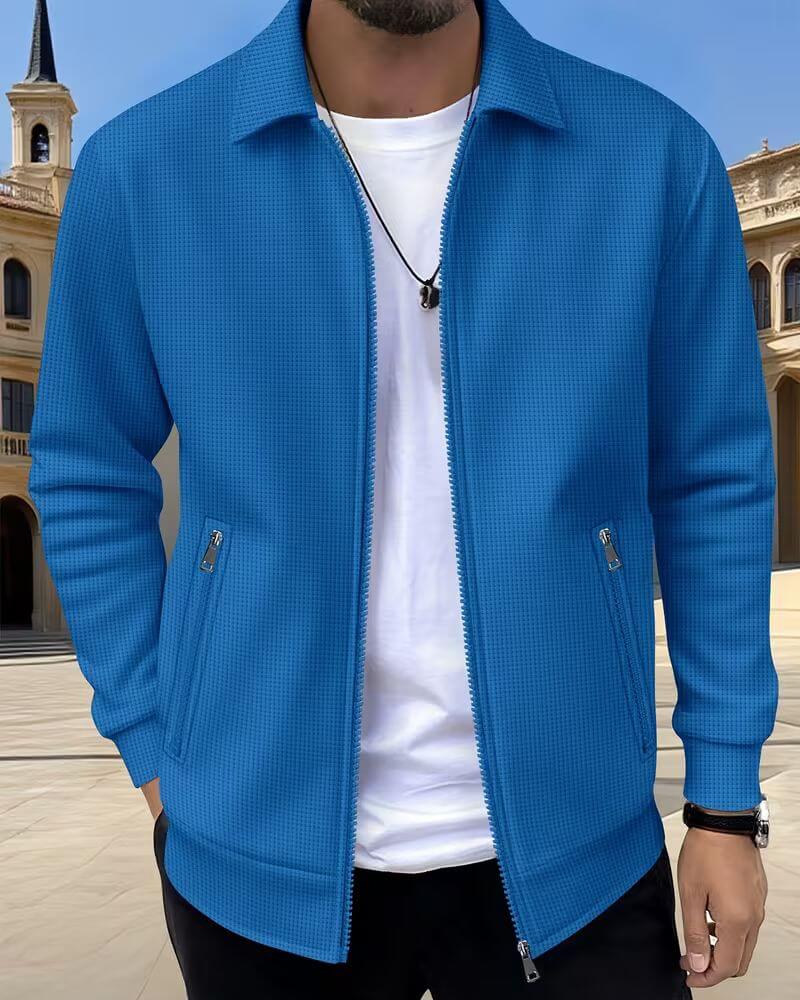 Full-length view of men's textured athletic jacket showing collared neckline and straight hem