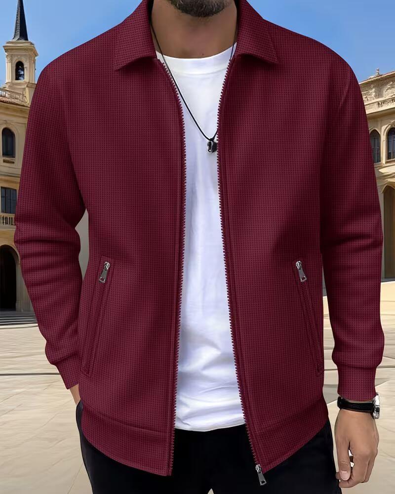 Men's textured zip-up jacket in cream demonstrating versatile casual styling and comfortable fit