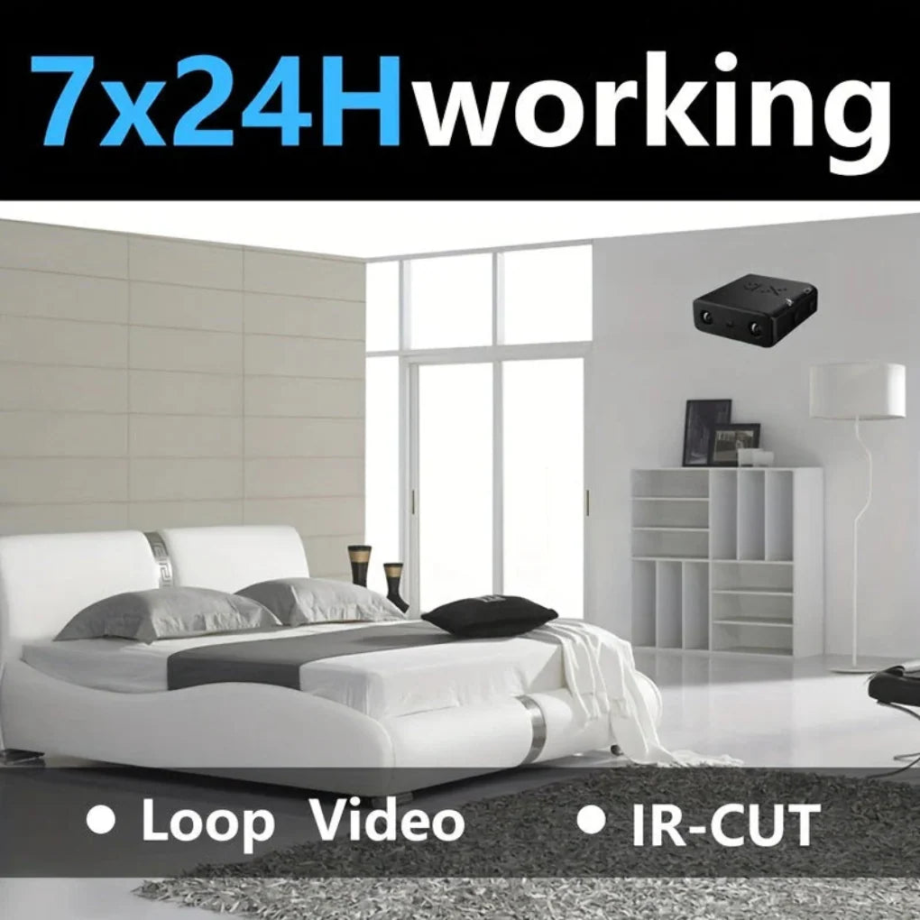 Compact black mini surveillance camera with infrared night vision positioned in modern bedroom setting