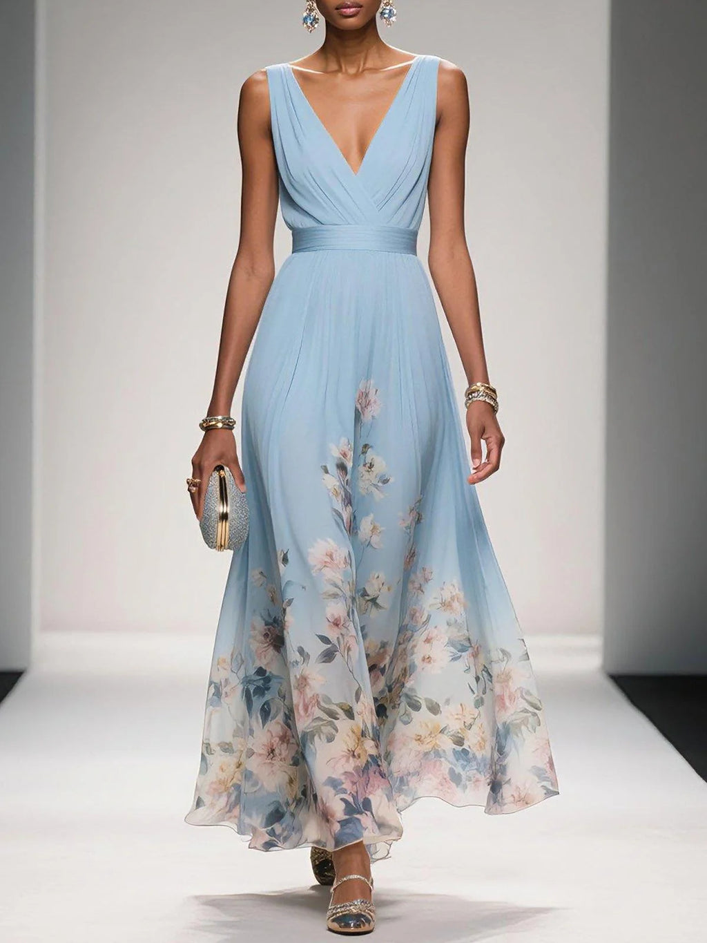 Floral print maxi dress with V-neckline and watercolour botanical pattern on flowing A-line silhouette