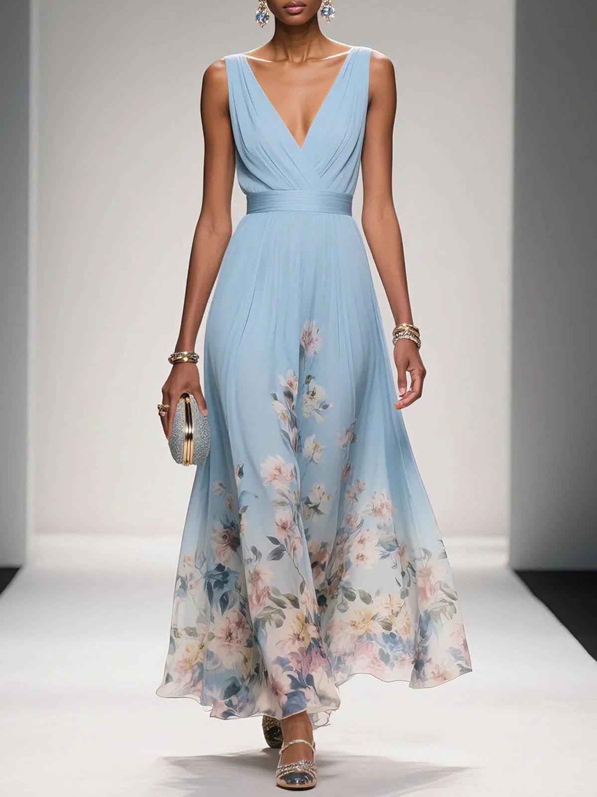 Floral print maxi dress with V-neckline and watercolour botanical pattern on flowing A-line silhouette