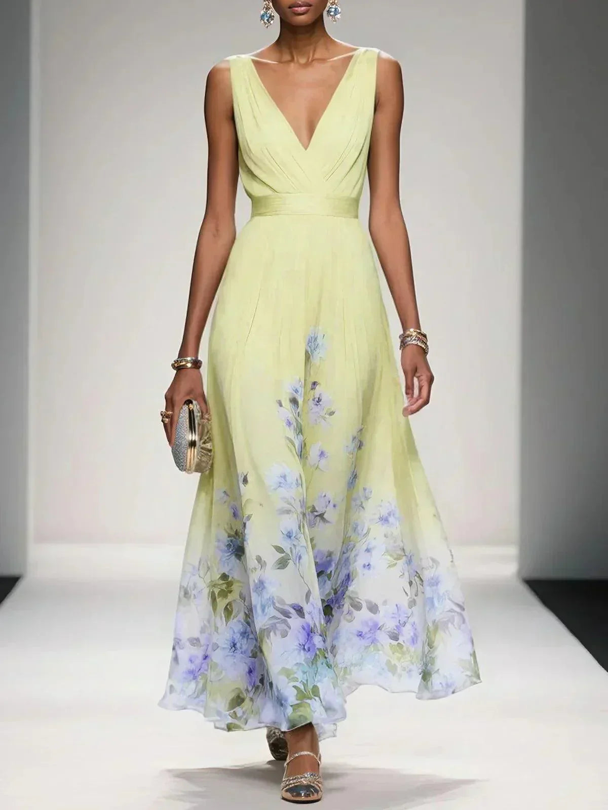 Back view of sleeveless maxi dress with V-neckline and full-length flowing skirt