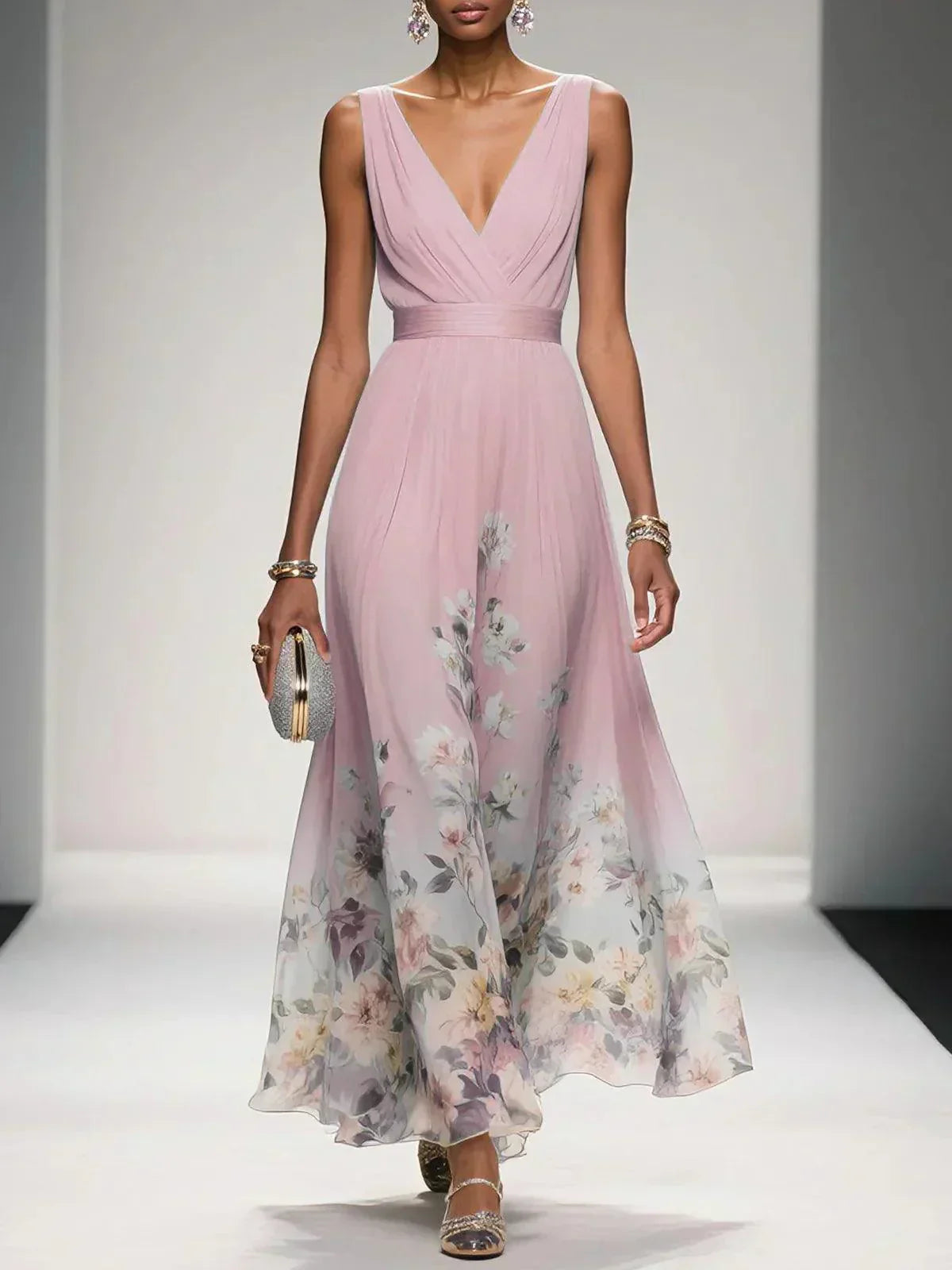 Floral print maxi dress styled with strappy heels for wedding guest occasion
