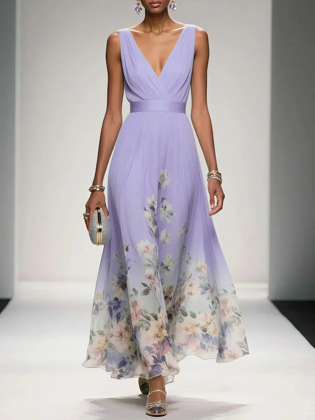 Front view of V-neck maxi dress showing fitted waist and A-line silhouette