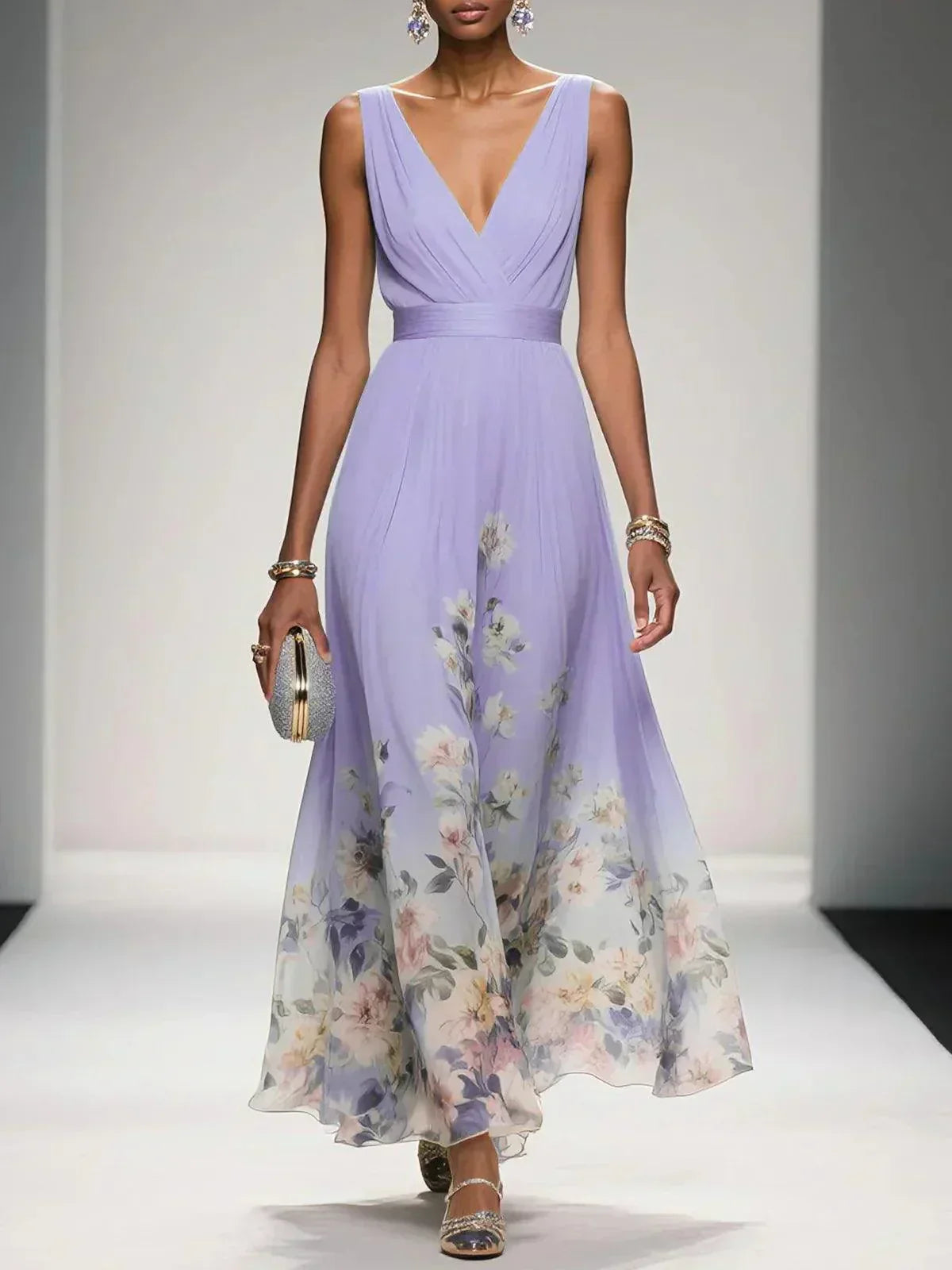 Front view of V-neck maxi dress showing fitted waist and A-line silhouette