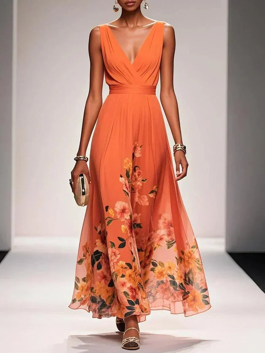 Detail of pleated bodice construction on floral print maxi dress
