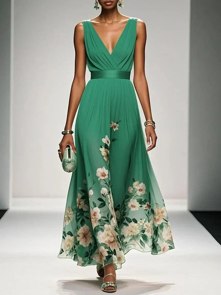 Full-length view of floral print maxi dress with botanical watercolour pattern
