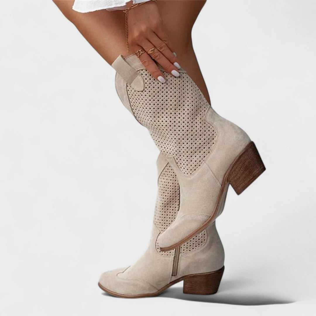 Women's mid-calf cowboy boots in beige with perforated panel detail and low block heel