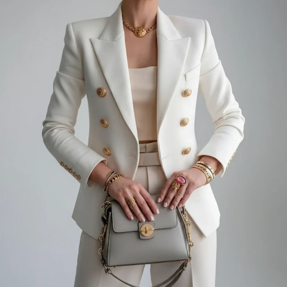 Women's double-breasted blazer in white with gold-tone buttons and notch lapel styled with tailored trousers