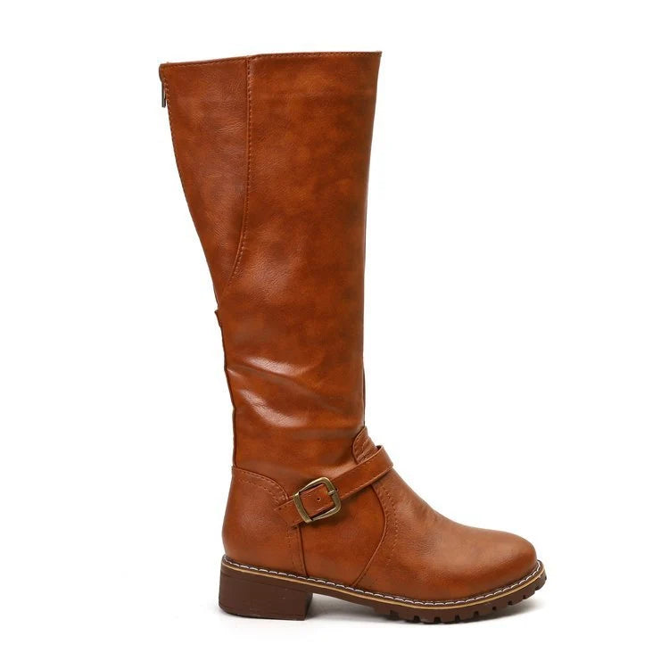 Women's knee-high boots in coffee brown showing side zip and decorative buckle