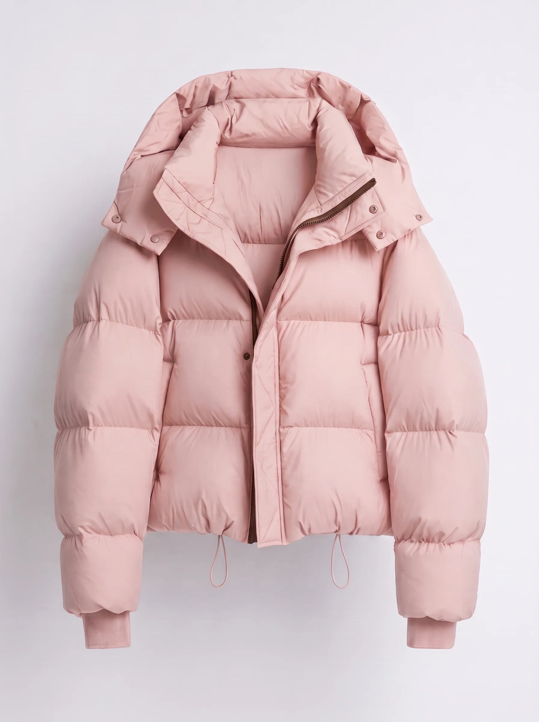 Black quilted puffer jacket showing voluminous sleeves and cropped length silhouette