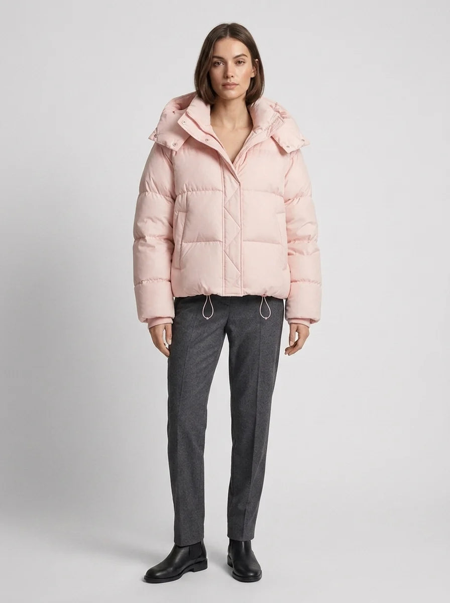 Oversized puffer jacket full front view highlighting contemporary cropped design and hooded construction