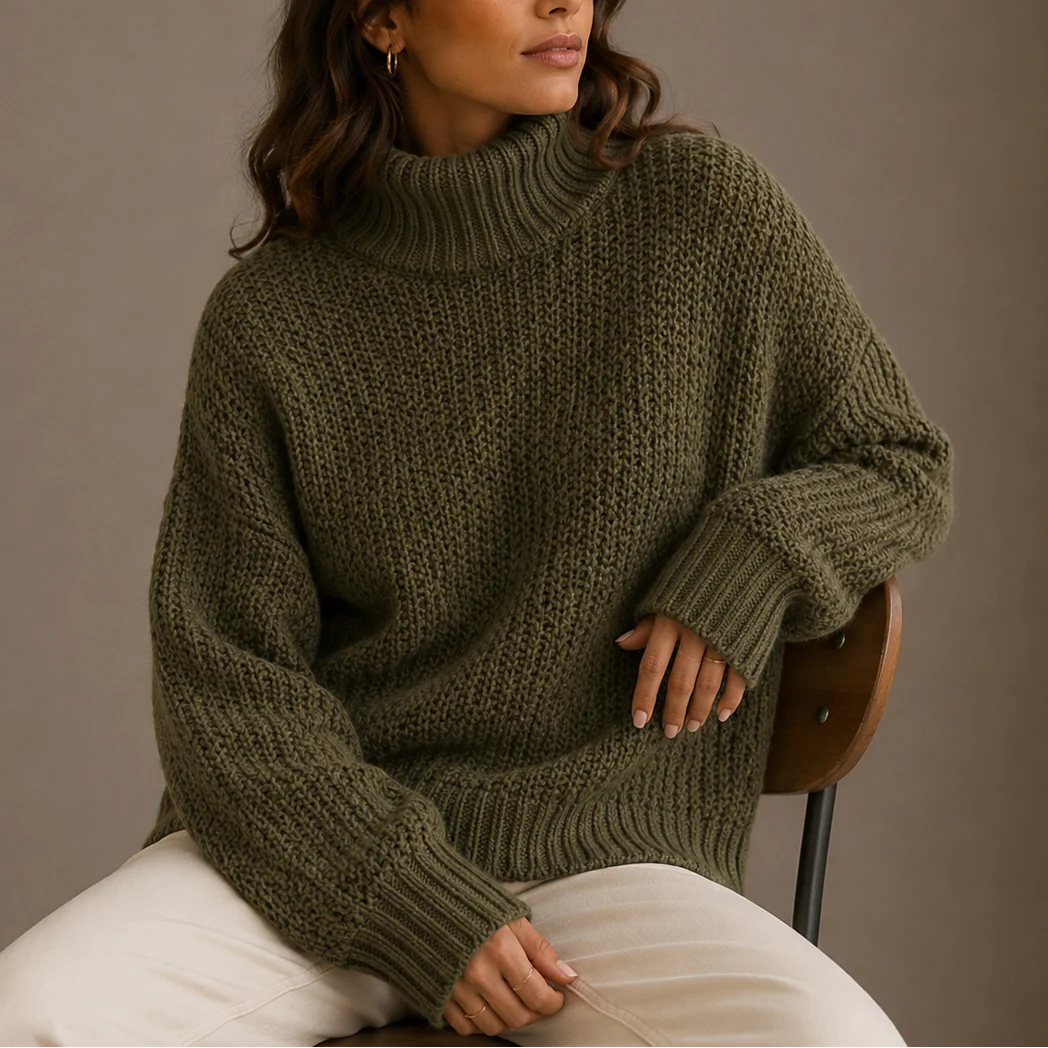 Close-up view of women's oversized turtleneck jumper showing chunky knit pattern and high neck detail