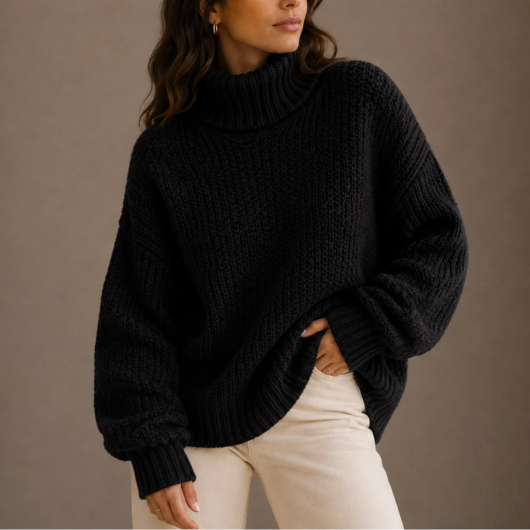 Side view of relaxed fit turtleneck jumper with dropped shoulders and roomy sleeves in orange