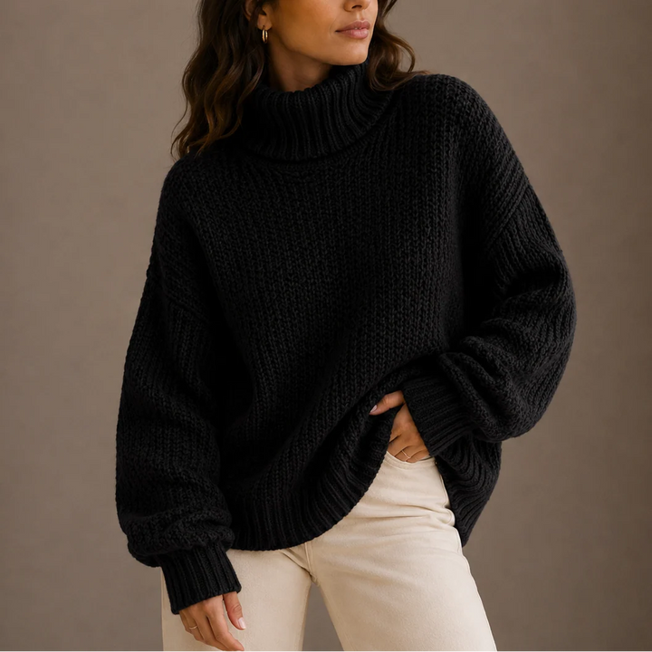 Side view of relaxed fit turtleneck jumper with dropped shoulders and roomy sleeves in orange
