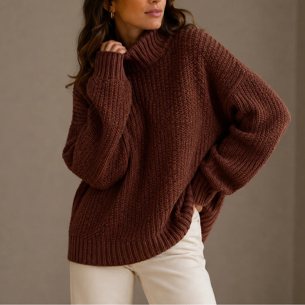Women's chunky knit turtleneck jumper styled with cream trousers for casual autumn outfit